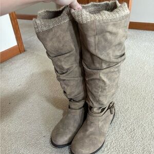 Knee-High Slouch Boot with Knit Cuff - Taupe